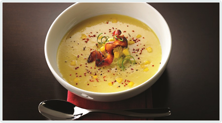 White Corn Soup with White Miso -Butter Aioli and Shio Koji Glazed Bacon